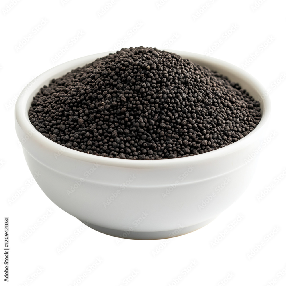 Black mustard powder in a white bowl isolated on a white background Black mustard powder in a white bowl isolated on a white background