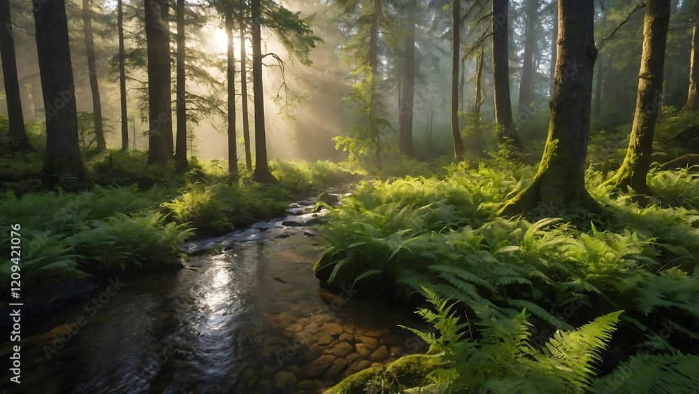 Obraz premium Mystical Forest with Sunrays Piercing the Lush Greenery