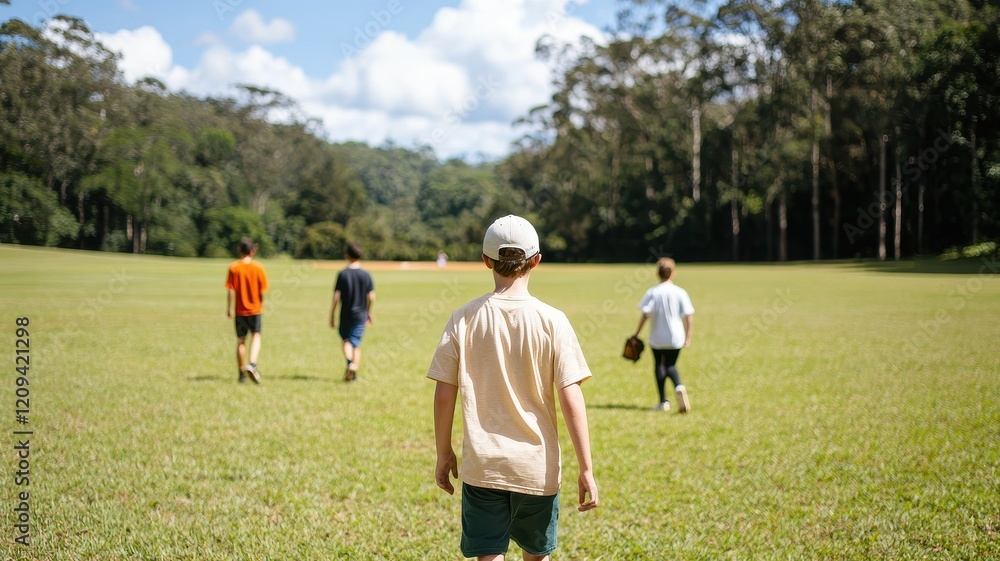 A group of four people walks across a grassy field under a blue sky, enjoying a sunny day in nature. A group of four people walks across a grassy field under a blue sky, enjoying a sunny day in nature.