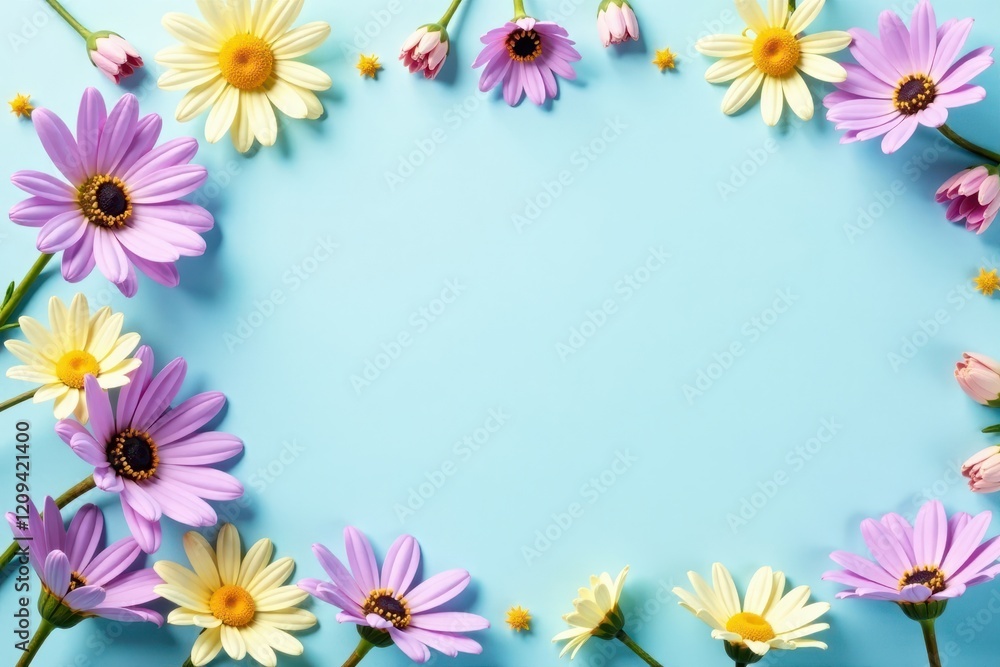 Pastel lavender and yellow daisies in a delicate floral pattern on a pale blue frame, pastel pink frame, wall art Pastel lavender and yellow daisies in a delicate floral pattern on a pale blue frame, pastel pink frame, wall art