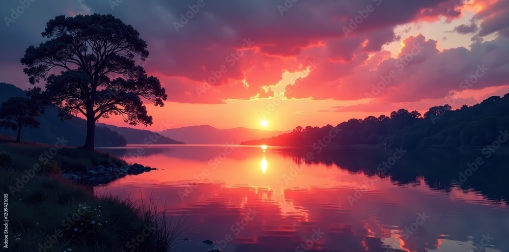 Obraz premium peaceful lake scene at sunset with silhouetted trees, serenity, silhouette