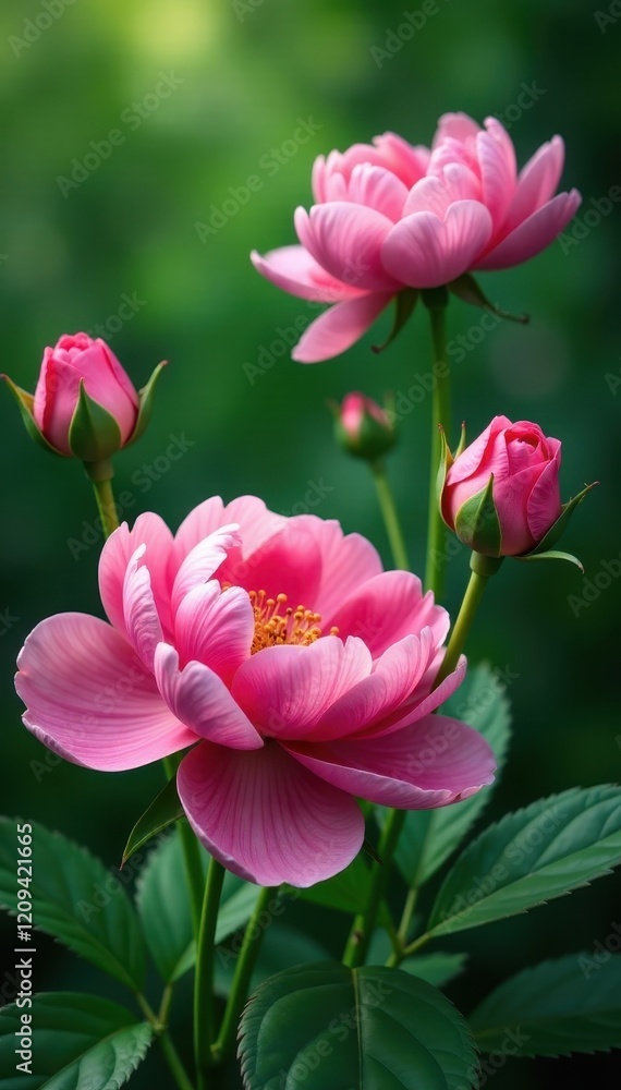 Pink peonies and roses in a lush green background, peony, floral Pink peonies and roses in a lush green background, peony, floral