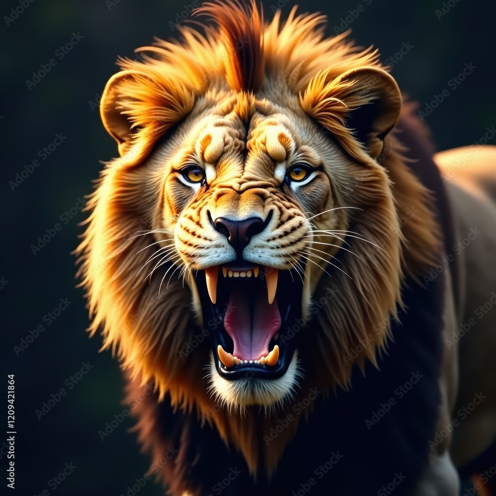 Fototapeta premium Powerful lion with bared teeth and piercing gaze, strength, wild