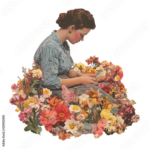 Collage illustration of a woman sitting on the floor, embroidering. The background