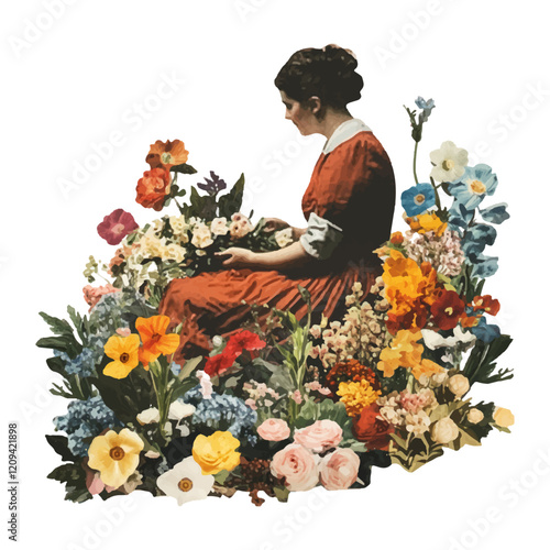 Collage illustration of a woman sitting on the floor, embroidering. The background