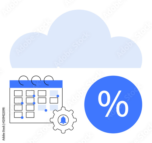 Calendar with notification gear, percentage symbol beneath cloud. Ideal for time management, scheduling, reminders, cloud computing, productivity tools, statistical analysis, integrated systems