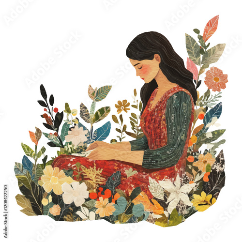 Collage illustration of a woman sitting on the floor, embroidering. The background