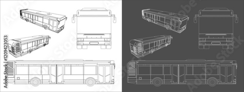 Bus line drawings blueprints vector. isolated on transparent background
