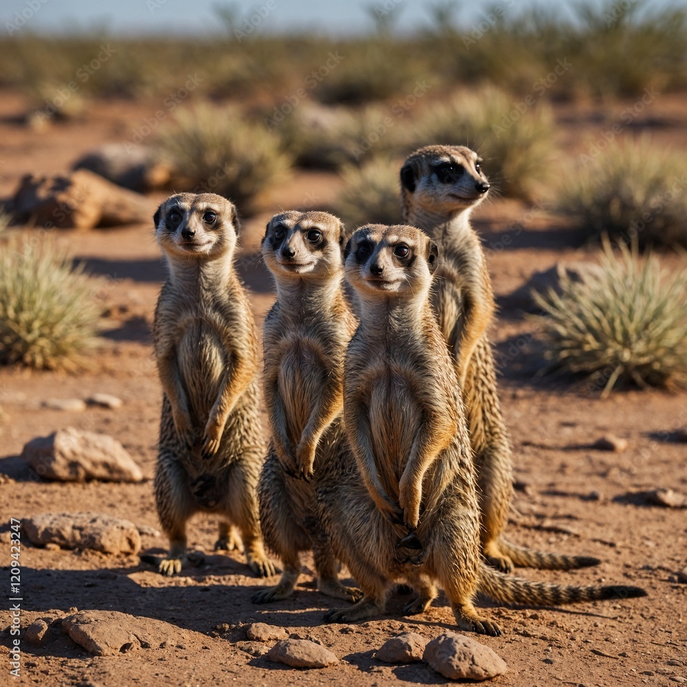 Fototapeta premium A group of meerkats standing on their hind legs, keeping watch in a dry desert environment.