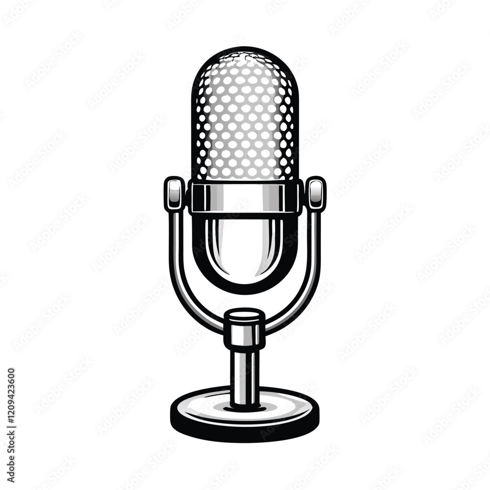 A sleek, modern podcast microphone with geometric design, resting on a sturdy stand, capturing sound for an engaging audio experience. A sleek, modern podcast microphone with geometric design, resting on a sturdy stand, capturing sound for an engaging audio experience.