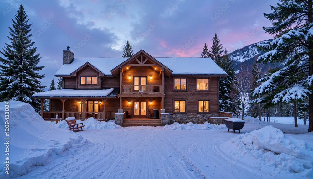 Cozy ski lodge exterior surrounded by snow at dusk, winter retreat Cozy ski lodge exterior surrounded by snow at dusk, winter retreat