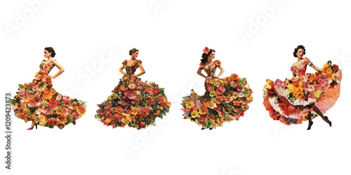 set of a Vintage illustration portrait of a woman in a flamenco dress, shown from the waist up.