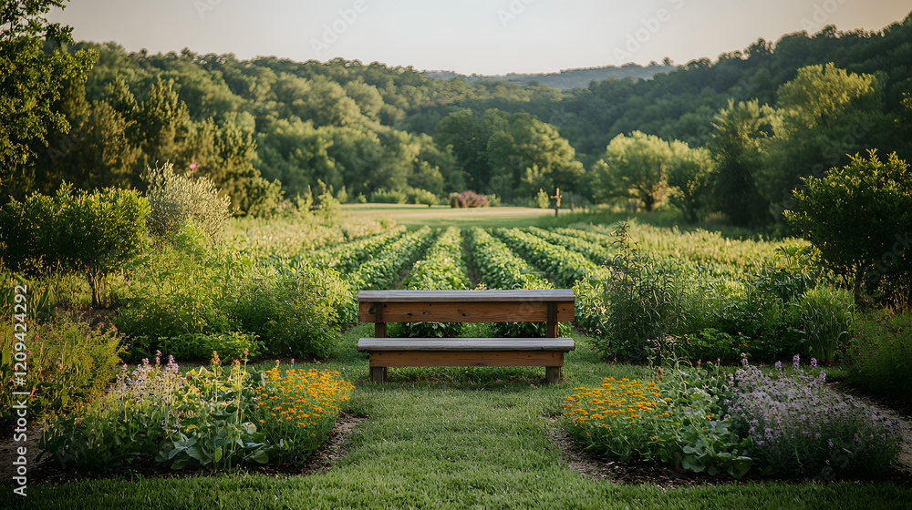 A serene photography of a country vegetable garden featuring vibrant cucumbers, beans climbing trellises, and rosemary bushes in the corners of the plot. A serene photography of a country vegetable garden featuring vibrant cucumbers, beans climbing trellises, and rosemary bushes in the corners of the plot.
