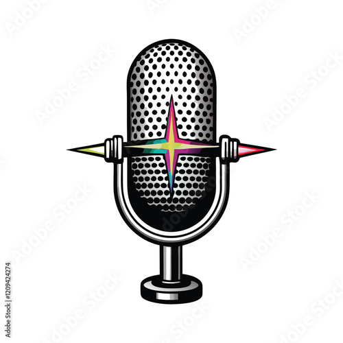 A stylized podcast microphone with abstract geometric sound waves emanating from its mesh grille, creating a dynamic and visually appealing composition.