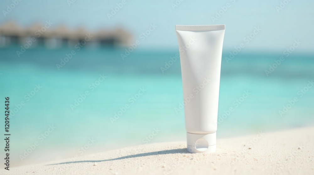 Cosmetics cream tube on sandy beach with clear blue waters nearby Cosmetics cream tube on sandy beach with clear blue waters nearby