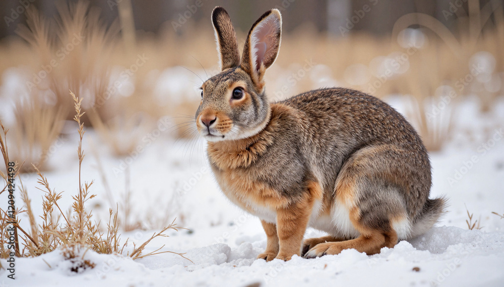 Snowshoe hare in winter coat amidst underbrush, nature's beauty Snowshoe hare in winter coat amidst underbrush, nature's beauty