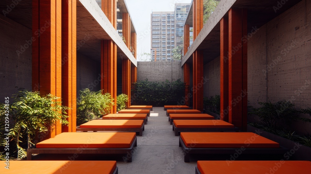 Modern architecture interior design with orange loungers and green plants in urban setting Modern architecture interior design with orange loungers and green plants in urban setting
