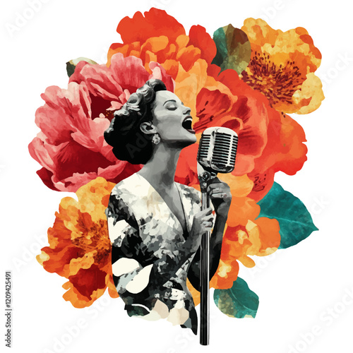 A vintage woman singer with a retro microphone, large flowers in the background