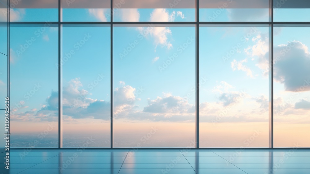 Modern interior with large windows showcasing a serene sky at sunset. Modern interior with large windows showcasing a serene sky at sunset.