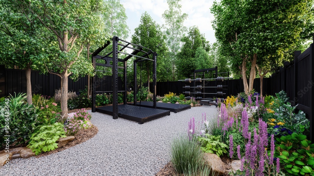 Obraz premium Modern Outdoor Gym Surrounded by Lush Greenery and Colorful Flower Beds in a Tranquil Setting