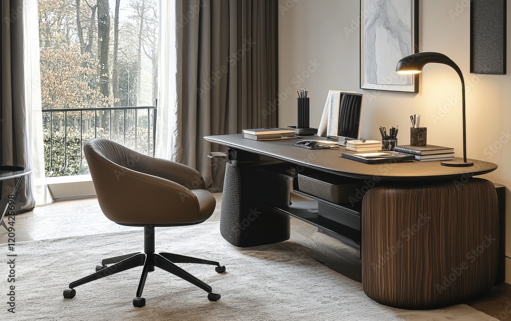 Fototapeta premium A stylish modern office desk with a sleek minimalist lamp and workspace essentials
