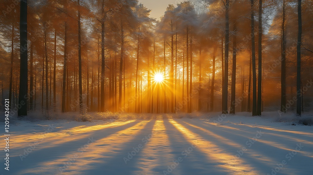 Sun rays through snowy pine forest at sunset. Sun rays through snowy pine forest at sunset.