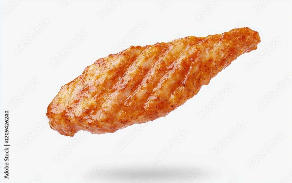 A marinated chicken tender floating mid-air on a bright, crisp white background A marinated chicken tender floating mid-air on a bright, crisp white background