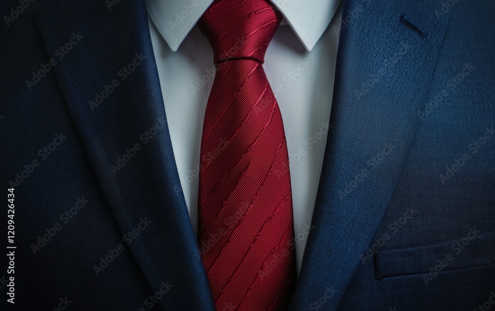 A tailored navy blue suit with a red tie, showcased on a clean white background with soft shadows A tailored navy blue suit with a red tie, showcased on a clean white background with soft shadows