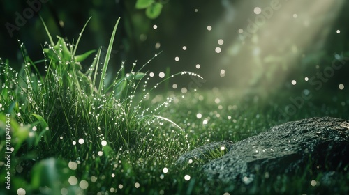 Morning dew glistens on lush green grass illuminated by soft sunlight.