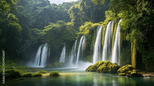 Waterfall Cascading Through Lush Greenery