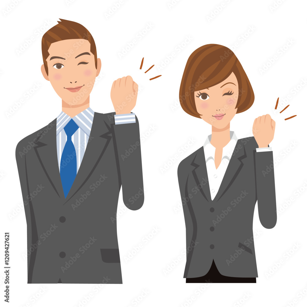 女性と男性がガッツポーズをとってウインクをしてる会社員 女性と男性がガッツポーズをとってウインクをしてる会社員