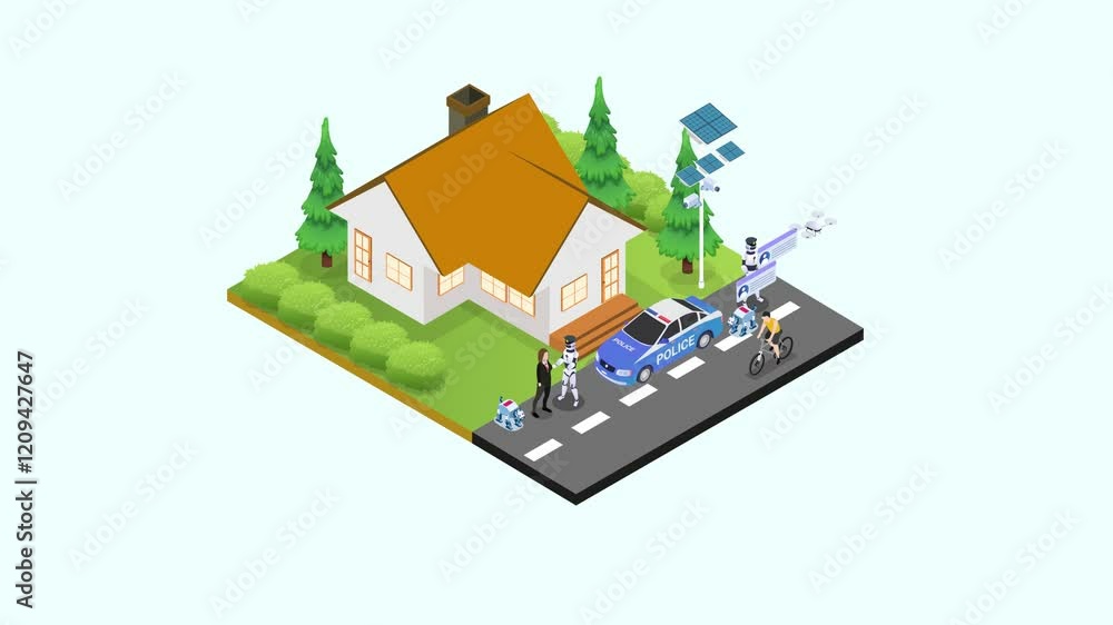 Futuristic neighborhood with a focus on advanced technology and public safety 3d animation cartoon Futuristic neighborhood with a focus on advanced technology and public safety 3d animation cartoon
