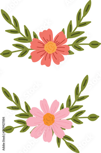 Vector floral arrangement set with bright pink, purple and red flowers and juicy green leaves. Perfect for invitations, greeting cards, or spring-themed decorations.