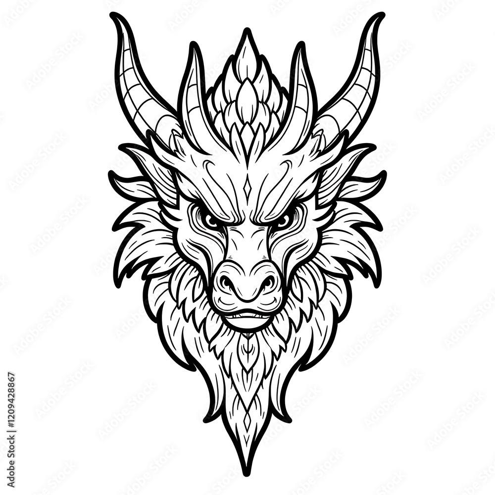 Fototapeta premium Majestic Dragon Head Line Art Print Fantasy Creature Illustration