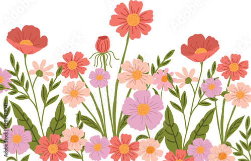 Wallpaper Mural Vector flower frame with bright pink, purple and red flowers and juicy green leaves. Perfect for invitations, greeting cards, or spring-themed decorations. Torontodigital.ca