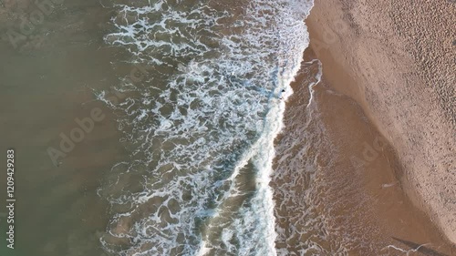 A top-angle drone shot of Goa’s beach reveals the vibrant coastline, with turquoise waters meeting golden sands, dotted with umbrellas and lined by lush greenery.