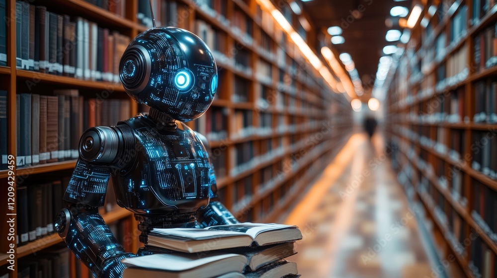 Fototapeta premium Robot reading books in library aisle