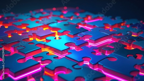 Abstract Puzzle Concept with Glowing Floating Puzzle Pieces and Bright Colors