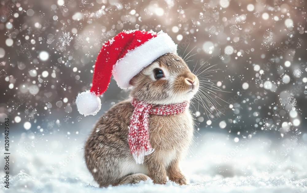 A playful rabbit wearing a Santa hat and a tiny scarf, sitting on a snowy winter-themed background A playful rabbit wearing a Santa hat and a tiny scarf, sitting on a snowy winter-themed background