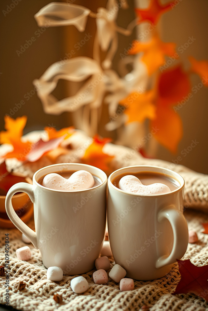Two heart-themed coffee mugs with foam hearts on a wooden tray by a window, surrounded by romantic decorations, perfect for Valentine's Day or cozy winter mornings Two heart-themed coffee mugs with foam hearts on a wooden tray by a window, surrounded by romantic decorations, perfect for Valentine's Day or cozy winter mornings