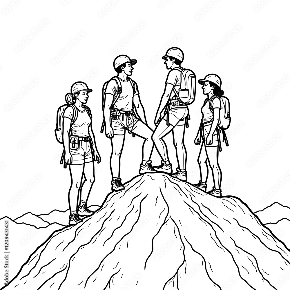 Fototapeta premium Hikers Reaching Mountain Peak Success Teamwork Adventure