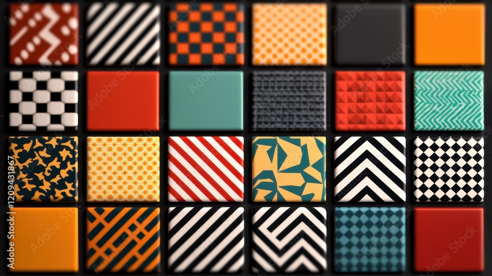 Obraz premium Colorful Geometric Patterns Array with Various Textures and Designs for Creative Projects