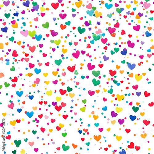 Rainbow Heart Confetti: A vibrant and playful pattern of colorful hearts scattered across a white background, perfect for adding a touch of cheer and romance to your designs.