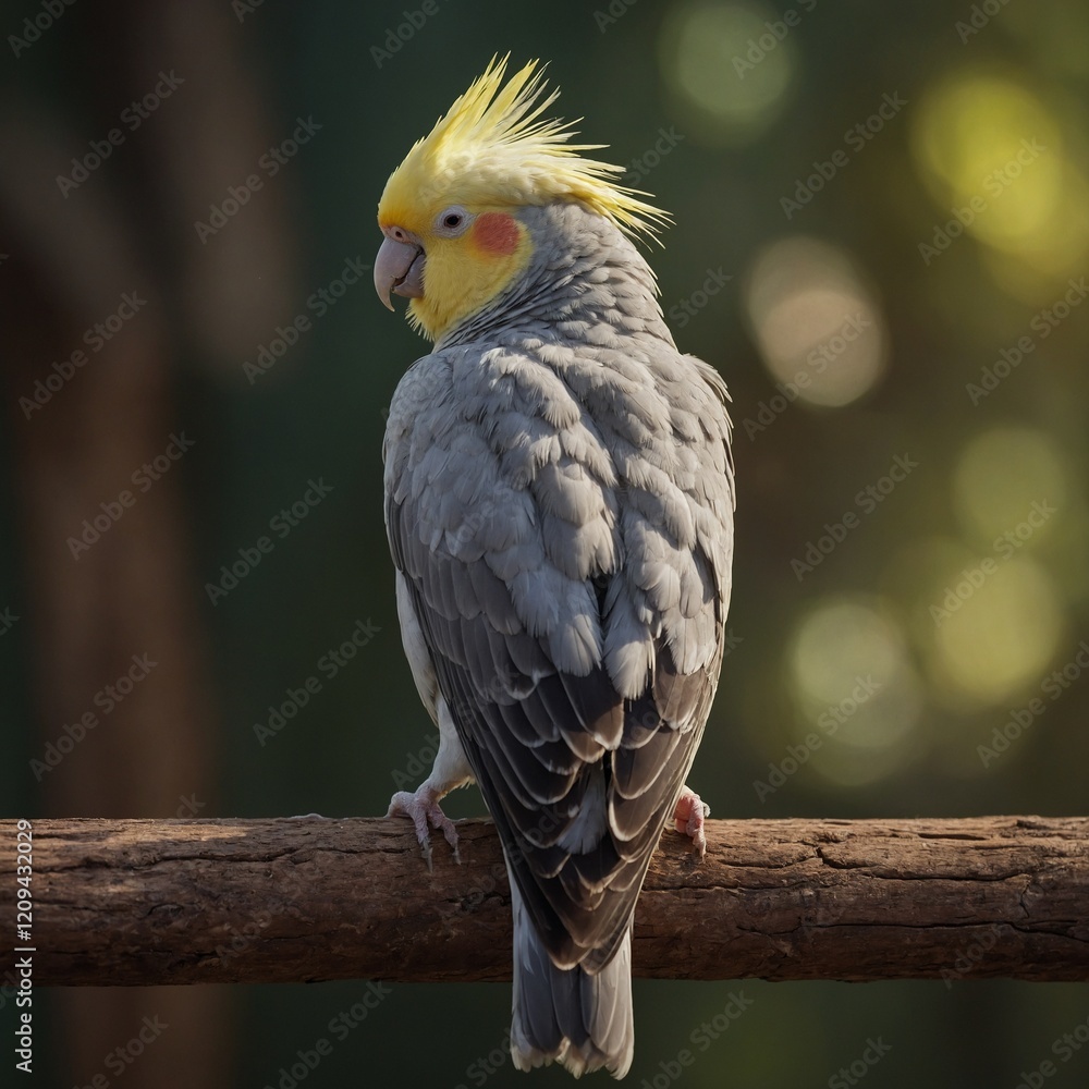 Obraz premium Kaka New Zealand Endemic Parrot Cockatiel (Nymphicus hollandicus) portrait of a parrot A cockatoo with its crest raised, illuminated by golden sunlight filtering through thick foliage.