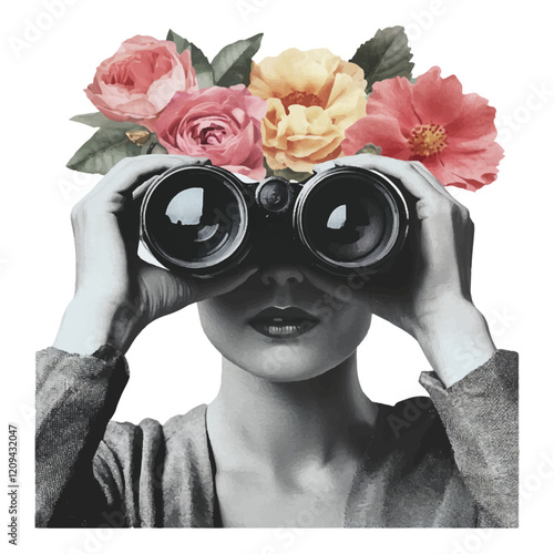 A woman with binoculars looking through the lens, with flowers on her head, against a white background