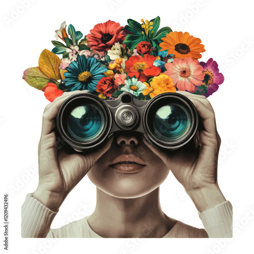 A woman with binoculars looking through the lens, with flowers on her head, against a white background