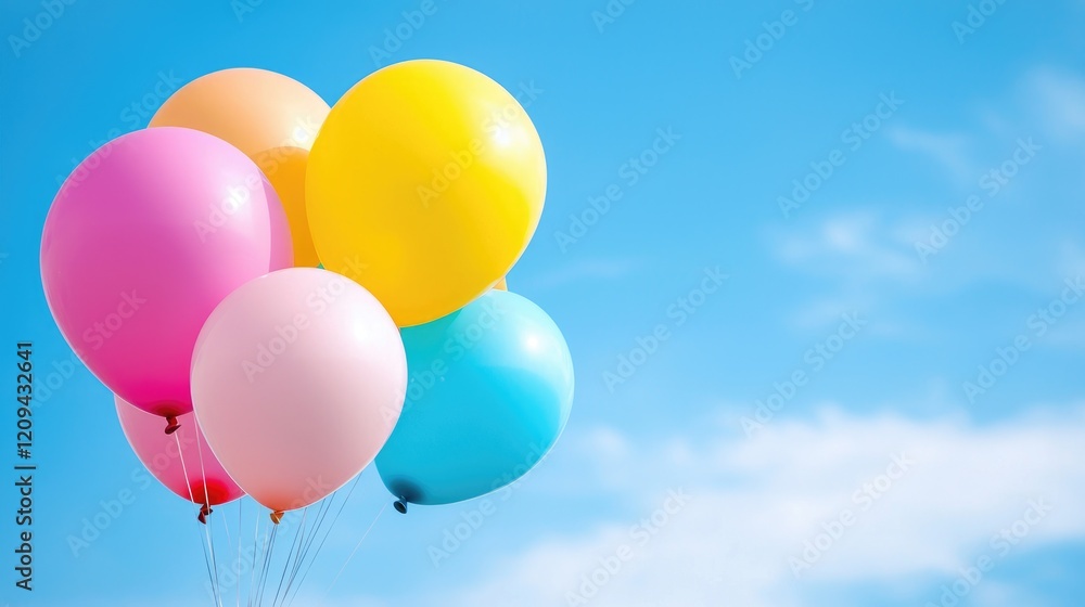 Colorful balloons float against a bright blue sky; celebration, joy, festivities Colorful balloons float against a bright blue sky; celebration, joy, festivities