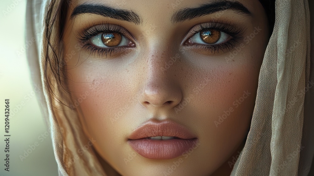 Close-up Portrait of a Woman with Brown Eyes, Wearing a Beige Scarf Close-up Portrait of a Woman with Brown Eyes, Wearing a Beige Scarf