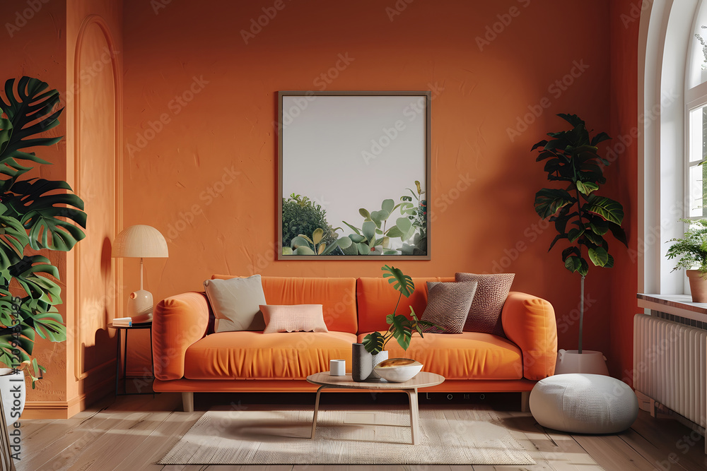 A stylish mock-up poster frame showcased in a modern living room interior, contemporary design, minimalistic furniture, soft natural lighting, vibrant color palette. Generative Ai. A stylish mock-up poster frame showcased in a modern living room interior, contemporary design, minimalistic furniture, soft natural lighting, vibrant color palette. Generative Ai.