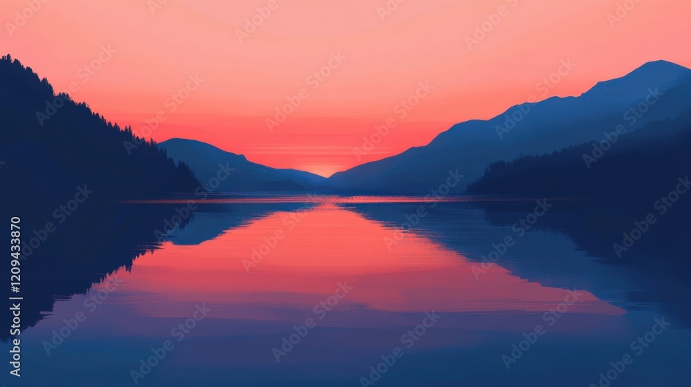 Obraz premium Serene sunset over a tranquil lake, reflecting colorful hues and mountain silhouettes.
